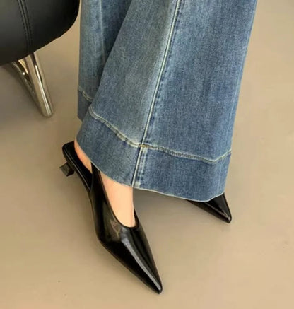 Shallow Slip on Elegant Slingback Thin Med Heel Shoes