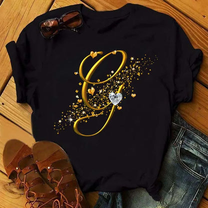 Custom Letter Combination Diamond Gold Letter T-shirt