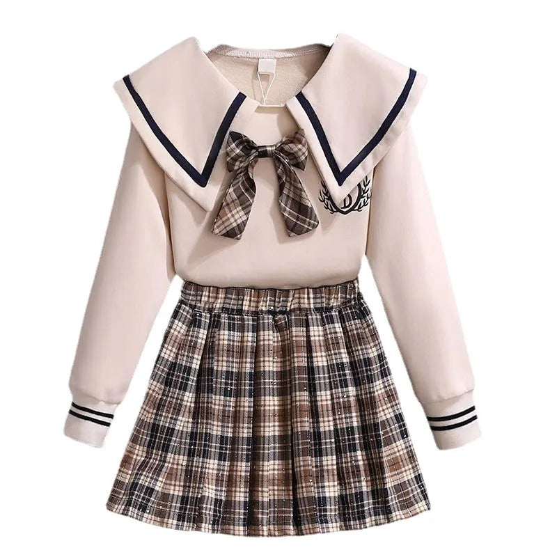 Bow Long Sleeve Top & Plaid Pleated Skirt Set