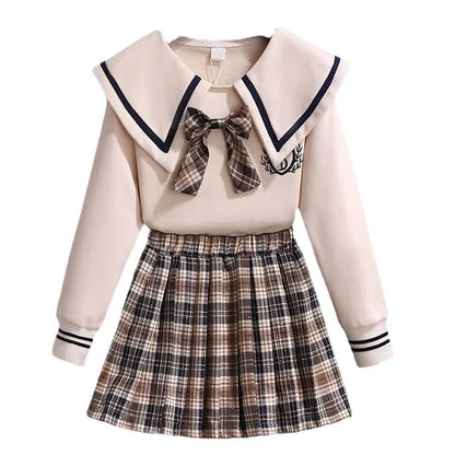Bow Long Sleeve Top & Plaid Pleated Skirt Set