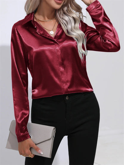 Elegant Turn-Down Collar Satin Long Sleeve Blouse