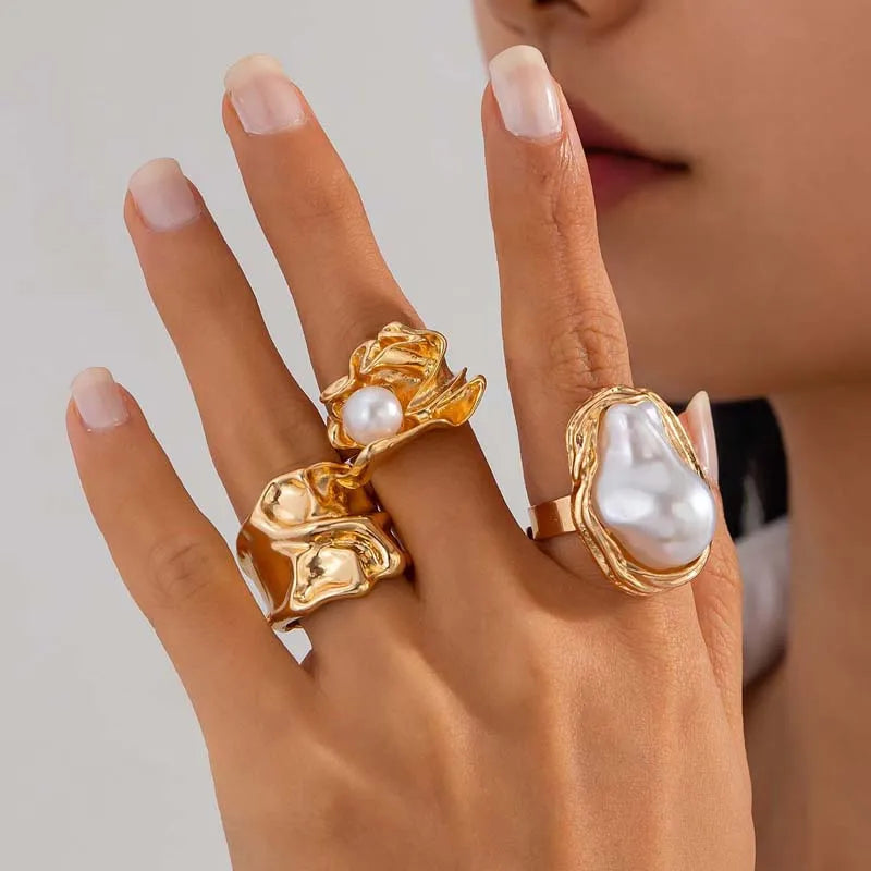 6Pcs/Set Gold Color Imitation Pearl Open Ring