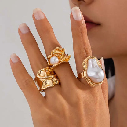 6Pcs/Set Gold Color Imitation Pearl Open Ring