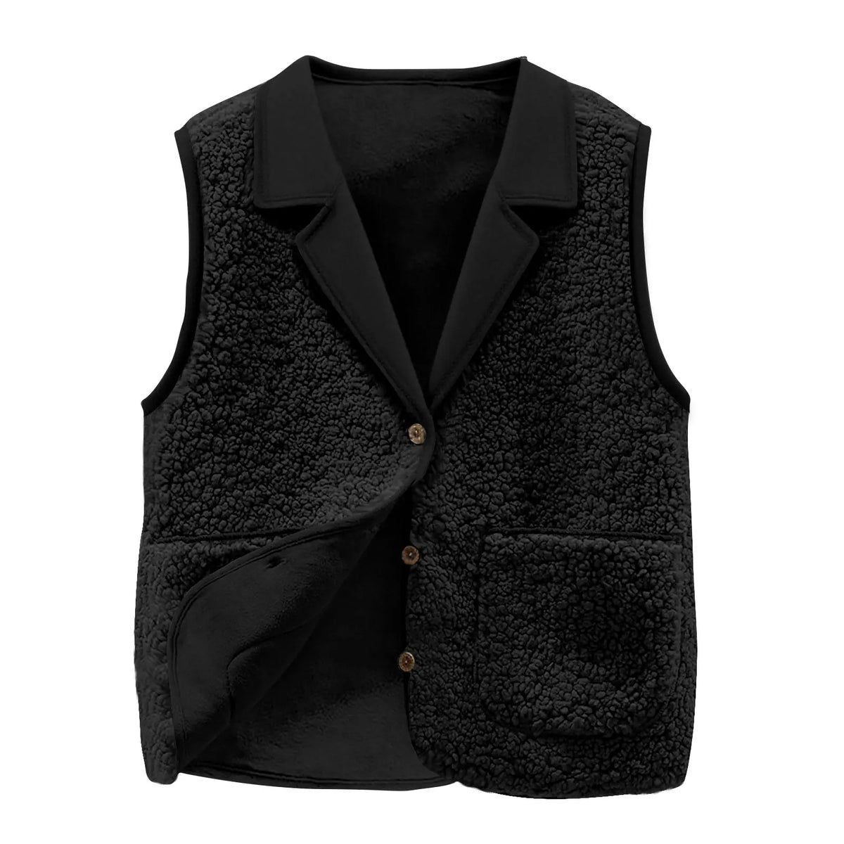 Sherpa Lapel Collar Button-Front Pockets Warm Sleeveless Jacket Coat Vest