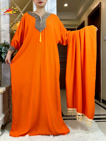 Muslim Long Sleeve Cotton With Big Scarf African Abaya