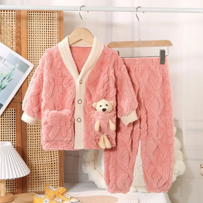 Fleece Thickened Coral Thermal Medium and Older Pajama Set