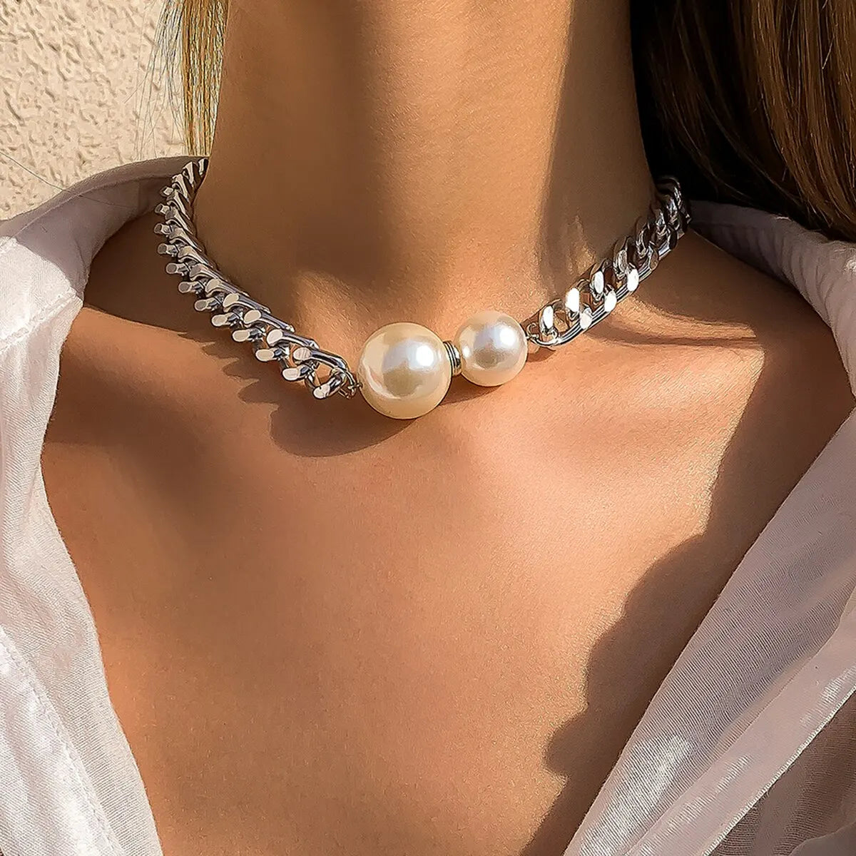 Punk Cuban Chains Imitation-Pearl Pendant Necklace
