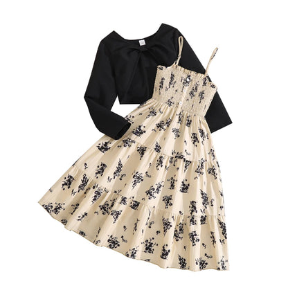 Kid Girl Long Sleeve Bow Sling Dress Set