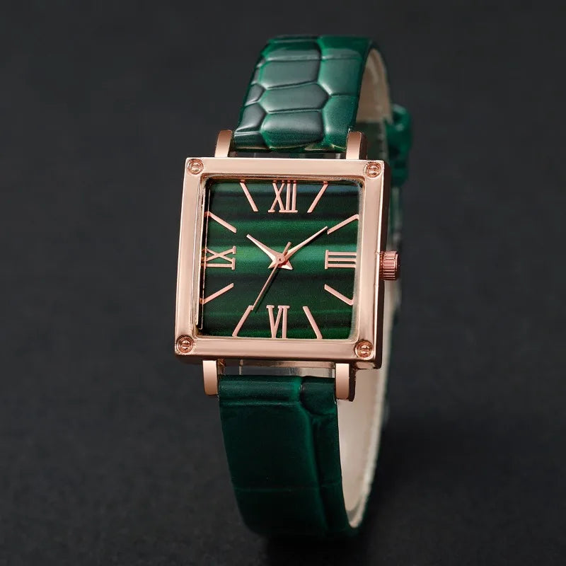 Square Quartz Roma Dial Leather Strap Wristwatches