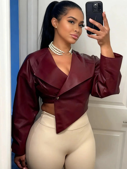 Faux Leather Single Button Crop Cross Neck Full Sleeve Wild Jacket