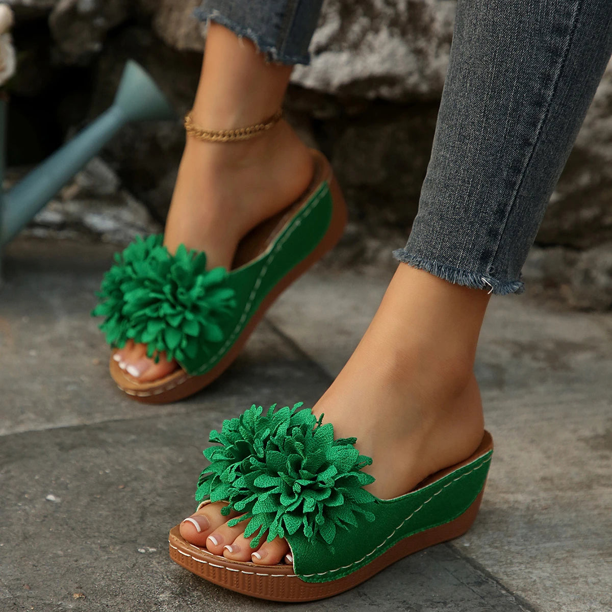 Flower Decoration Wedge Open Toe Slip Sole Sandals
