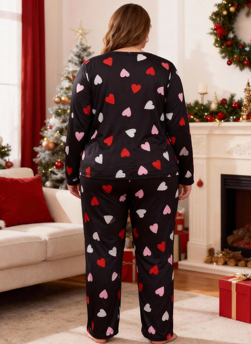 Valentine's Day long-sleeved top with heart print pajamas set