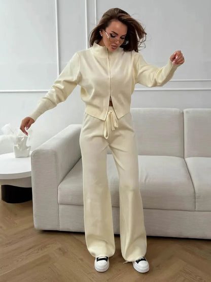 Knit Zip Up Cardigan Wide Leg Soft Fabric Cropped Sets