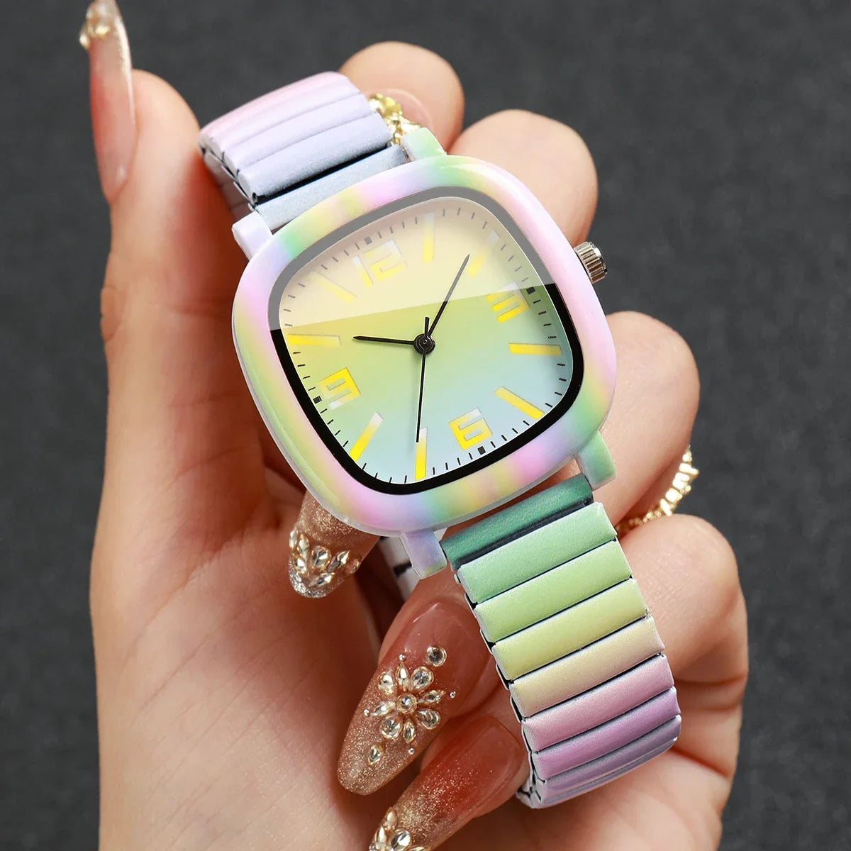 Square Elastic Strap Quartz Wristwatches Set