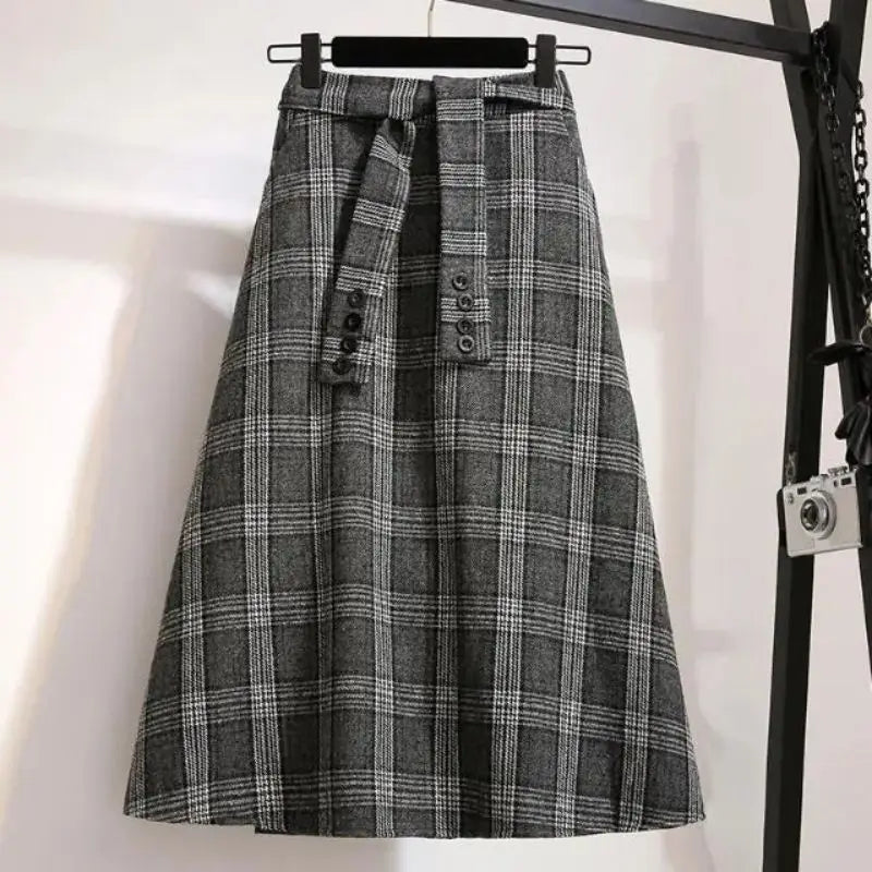 Vintage A-line High Waist Lace Up Buttons Loose Mid-Calf Long Skirts