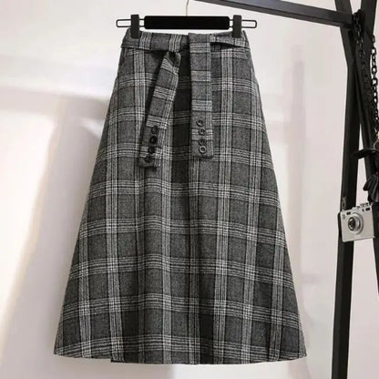 Vintage A-line High Waist Lace Up Buttons Loose Mid-Calf Long Skirts