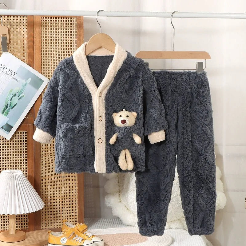 Fleece Thickened Coral Thermal Medium and Older Pajama Set