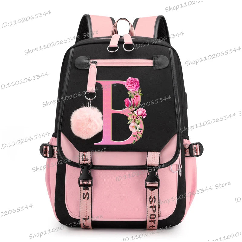Black Pink Backpacks 26 Initials Flower A-Z Alphabet Large Capacity Students Bookbag