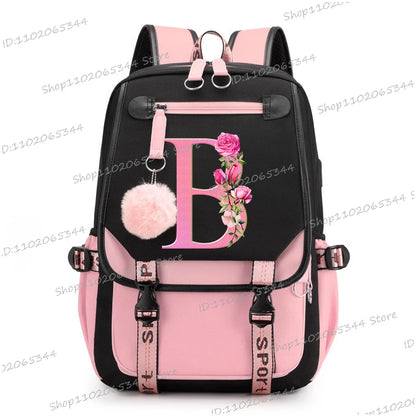Black Pink Backpacks 26 Initials Flower A-Z Alphabet Large Capacity Students Bookbag