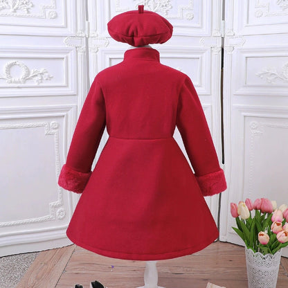 Red Fleece Coat Beret Winter Long Sleeves Warm Princess Outfit Dress