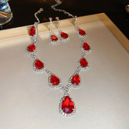 Inlaid Red Rhinestone Necklace Earring Set