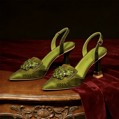 Venus Chan Elegant Green Slingback Heels with Rhinestones Shoes