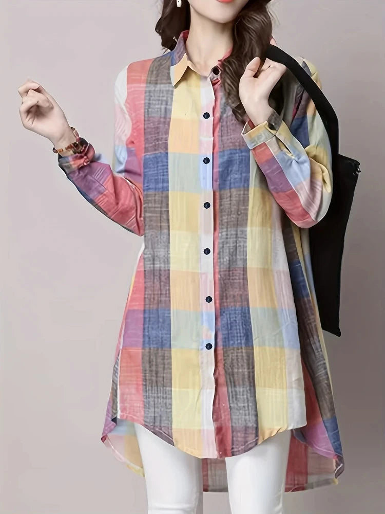 Plus Size Loose Vintage Stripe Plaid Shirt
