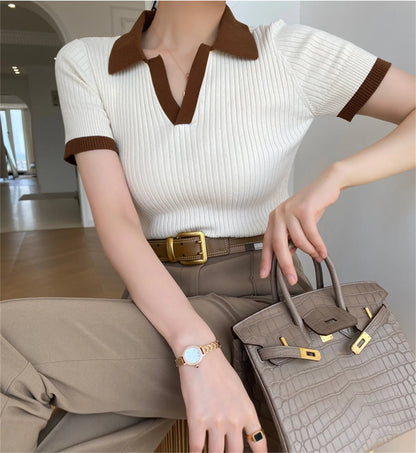 Short Sleeve Polo Neck Knitted Lightweight Knitted Sweater Polo Shirts