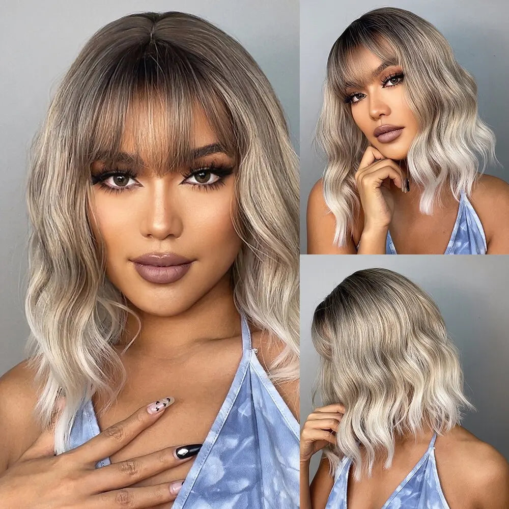 Wavy Bob Short Blonde Dark Roots Wigs