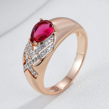 Kinel Unique Ethnic Bride Red Natural Zircon 585 Rose Gold Crystal Rings