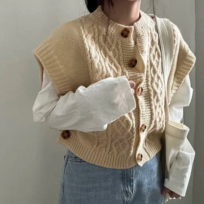 Cable Knit Sweater Vest Cardigan Cozy Button Up Sleeveless Casual Outfit