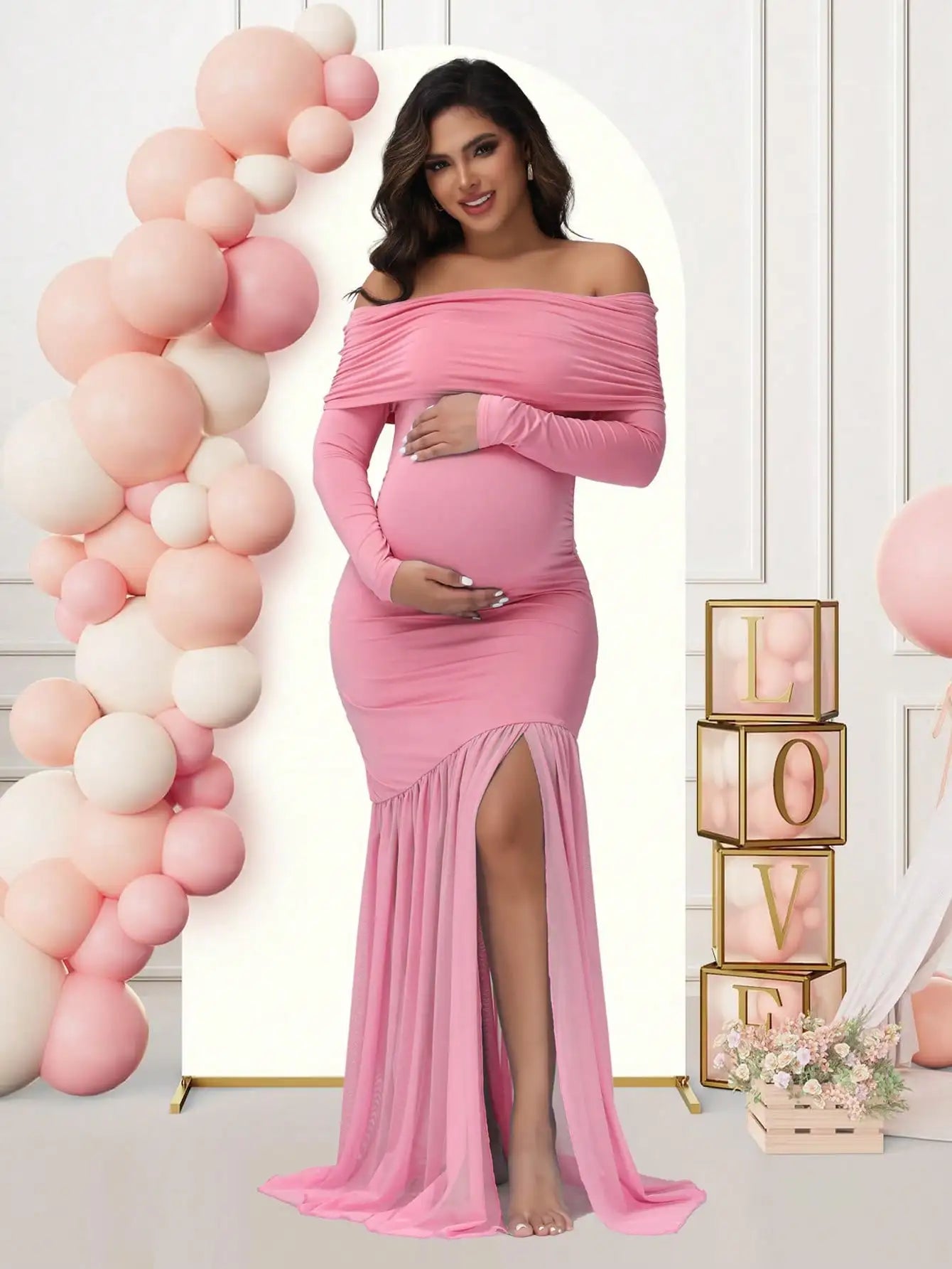Maternity Off-Shoulder Slits Fishtail Hem For Pregnant