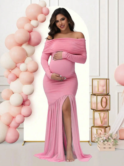 Maternity Off-Shoulder Slits Fishtail Hem For Pregnant