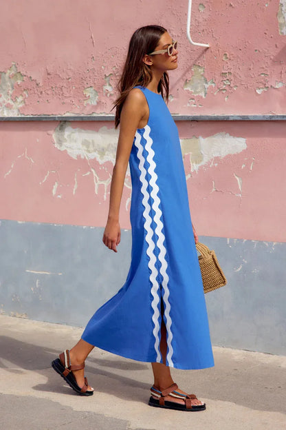 Summer Loose Casual O-neck Sleeveless Split Vintage Midi Dress