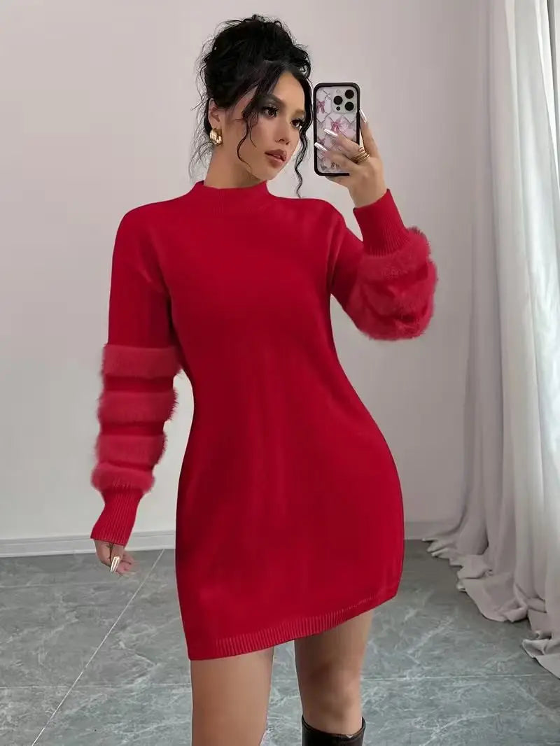 Casual Stand-Collar Loose-Fit Knit Patchwork Dress