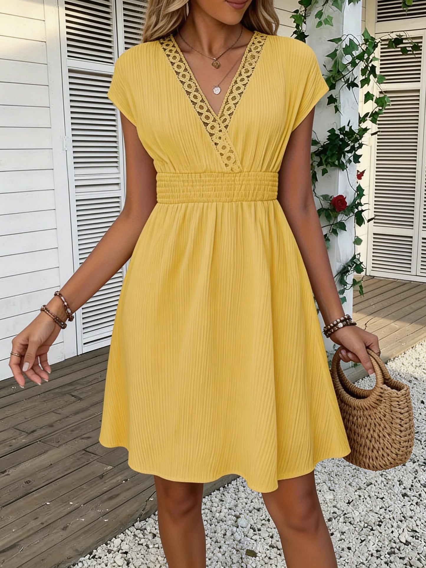 French Lace V-neck Fitted Short Puff Sleeves Dress
