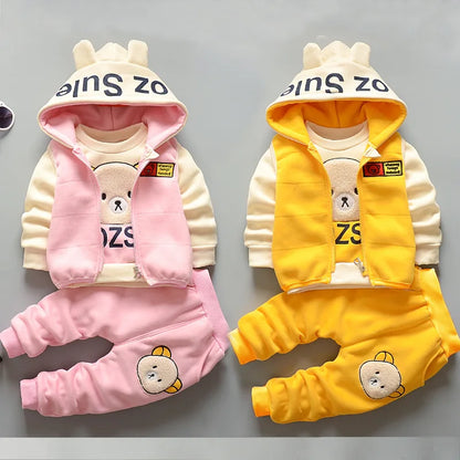 Autumn Winter Warm Baby Girl Suits Kids Vest+Tops+Pants 3Pcs