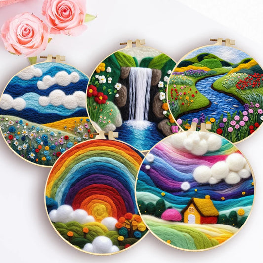 Waterfall Landscape Wool Felting Painting Frame DIY Wool Embroidery Kit