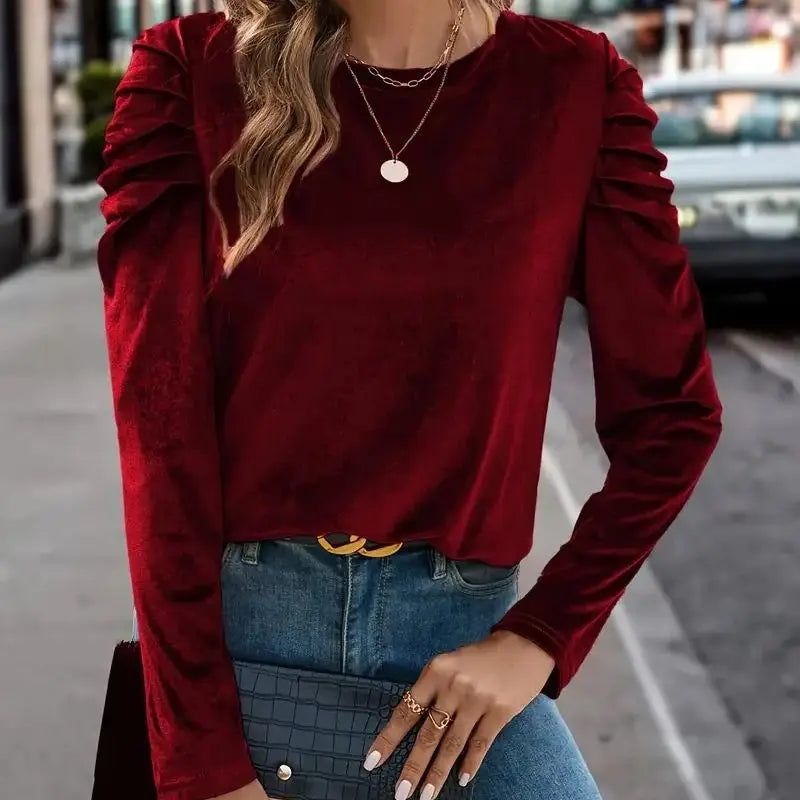 Autumn Round Neck Puff Long Sleeve Velvet Fashion Top T-shirt