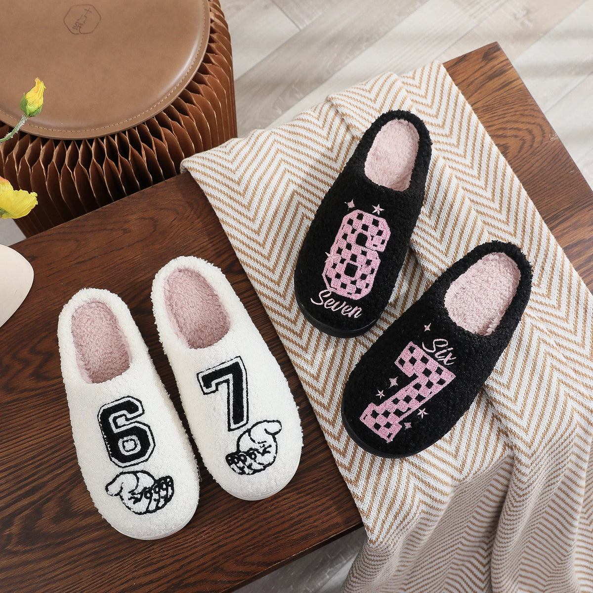 Checkerboard Pattern Number 67 Plush Non-Slip Cotton Slippers