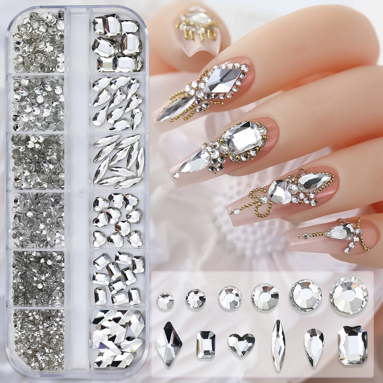 12Gird 3D Glass AB Crystal Nail Art Rhinestones Kit