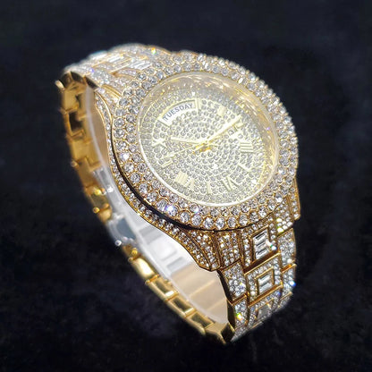Luxury Diamond Bling Iced Hip Hop Golden Stainless Steel Quartz Watch