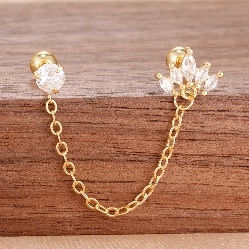 Stainless Steel Gold Color Chain Dangle Drop Zirconia Earrings