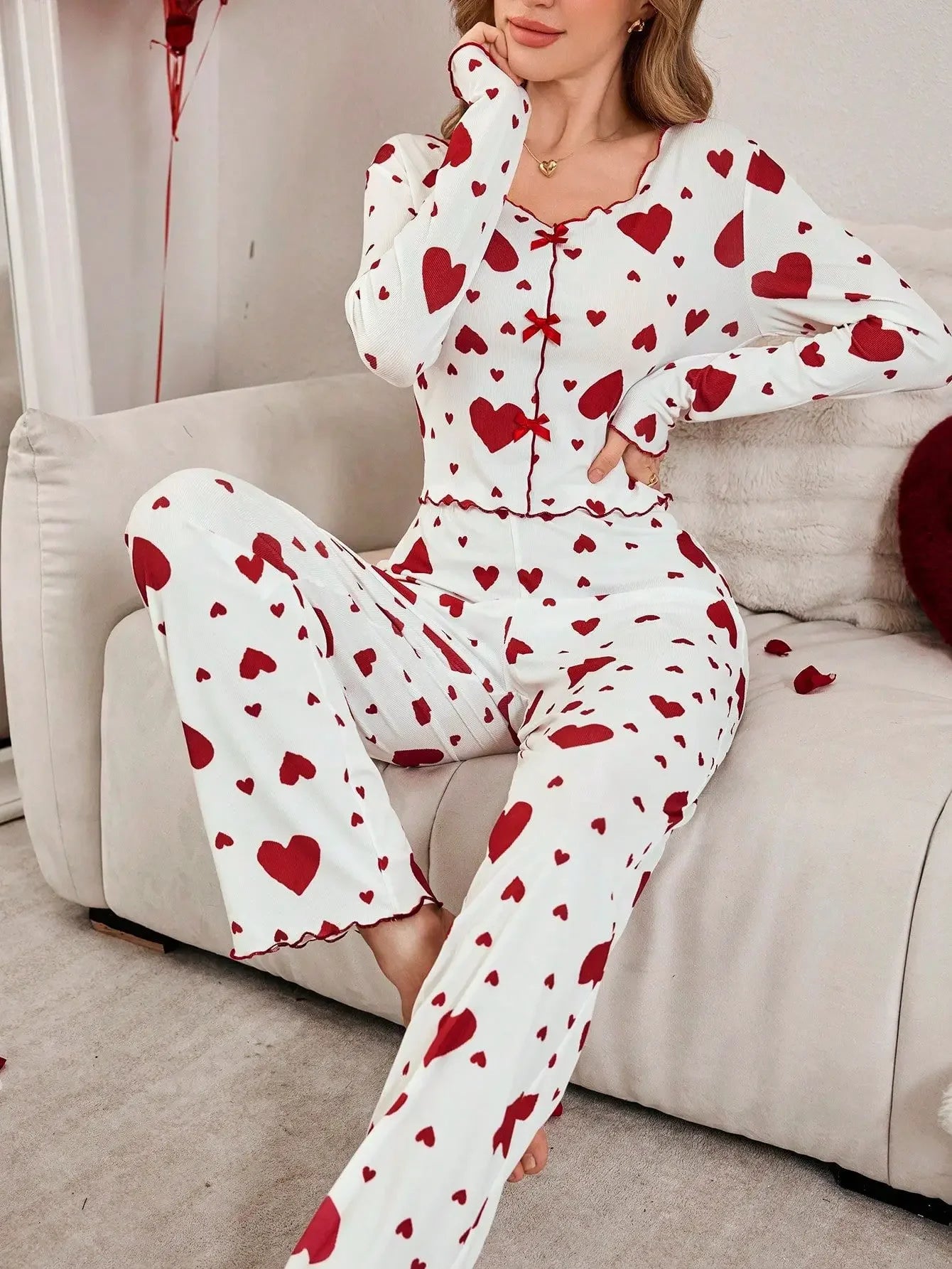 Heart Print Long Sleeve Pyjamas Set
