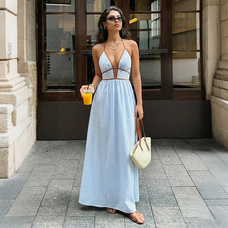 Deep V-neck Striped Sexy Backless Sleeveless Neckline Long Dress