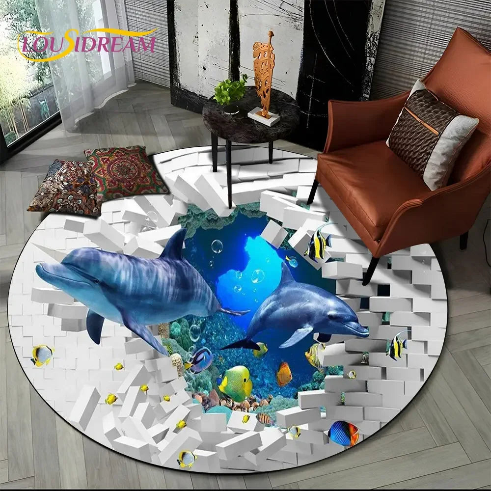 3D Seabed Illusion Underwater World Dolphin Round Area Rug