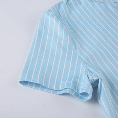 Sweetown Blue Stripe Short Sleeve Shirts