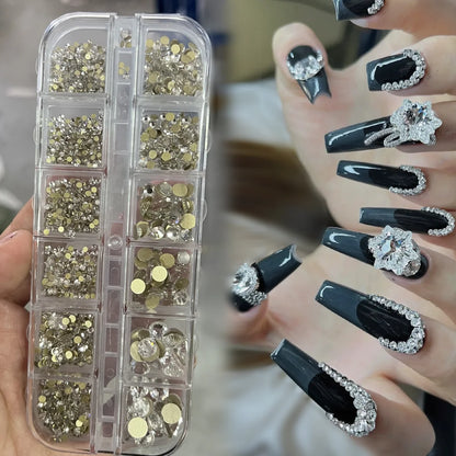 12Gird 3D Glass AB Crystal Nail Art Rhinestones Kit