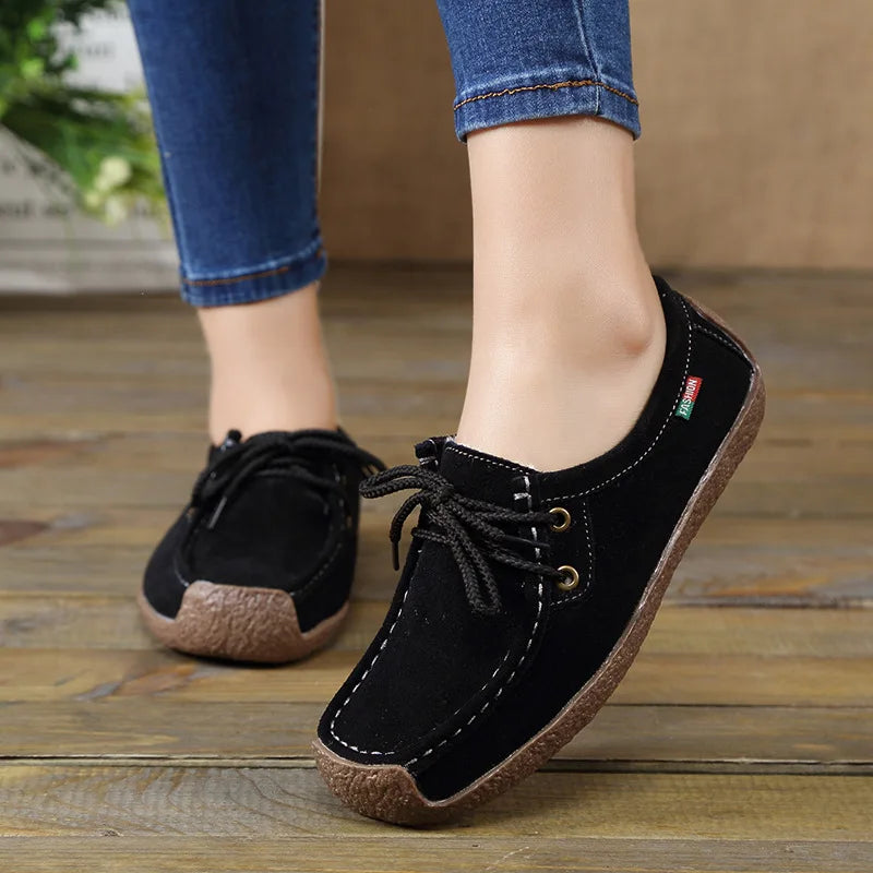 Casual Suede Leather Flats Lace Up Moccasins Sneakers
