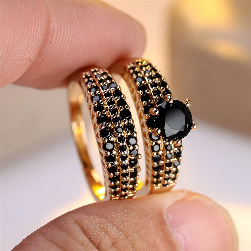 Crystal Purple Black Blue Zircon Round Stone Ring Set